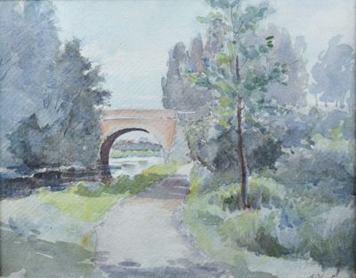 une aquarelle représentant un pont enjambant une rivière