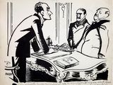 drawing of three men sitting at a table with a book in front of them