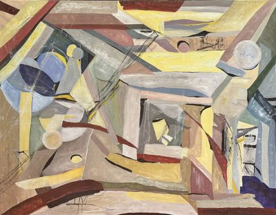painting of a painting of a room with a lot of different colors and shapes