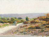 an image of a painting of a woman walking down a dirt road