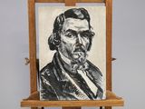painting of a man in a suit and tie on a wooden easel