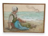 a painting of a woman sitting on the beach by the water