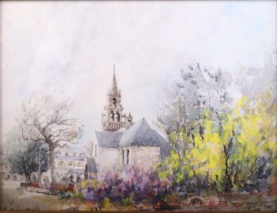 une peinture à l'huile représentant une église avec une tour d'horloge à l'arrière-plan