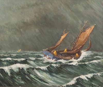 a painting of a boat in the middle of the ocean