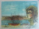 tableau représentant une femme regardant un bateau sur l'eau