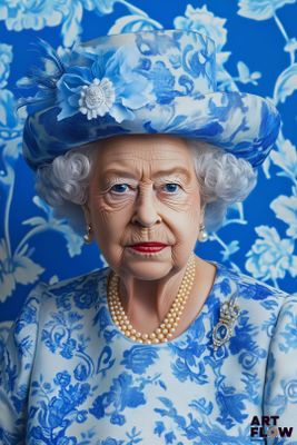 une femme d'un certain âge portant une robe bleue et blanche et un chapeau bleu