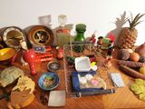 a wooden table topped with a bunch of food items