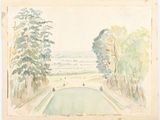 painting of a view of a pond and trees in a park