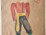 painting of a man in a hat and shorts with red shoes