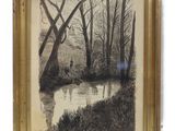 une image d'une photo d'un tableau représentant une rivière dans une forêt