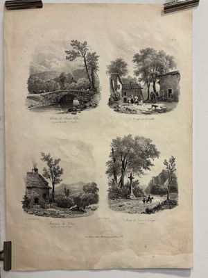 four different pictures of a country scene on the wall