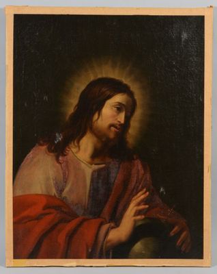 a painting of jesus holding a cross in his hand