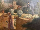 an oil painting of a woman watering flowers in a garden