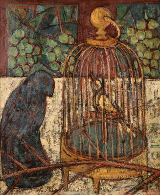 a painting of a bird in a cage with a bird inside of it