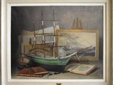 a painting of a ship on a table next to a book
