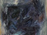 an oil painting of a black and blue painting on a yellow wall