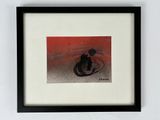 framed photograph of a black and red picture of a person with an umbrella