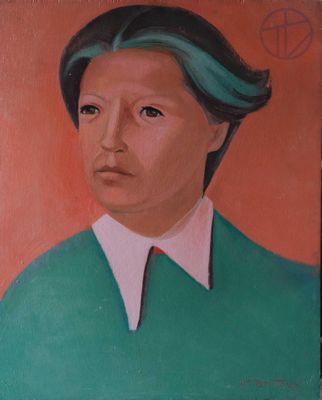 tableau représentant une femme vêtue d'un t-shirt vert et d'une chemise à col blanc, avec une croix au-dessus de sa tête