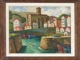 an oil painting of a town by a body of water