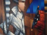 tableau représentant une femme vêtue d'une blouse blanche et d'un chapeau, tenant un tambour rouge