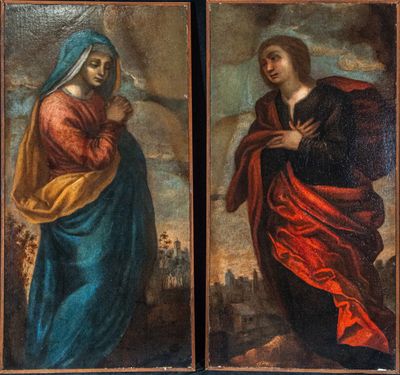 two paintings of jesus and mary in a landscape