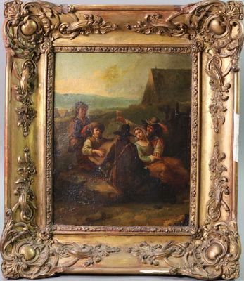 une peinture représentant un groupe de personnes assises autour d'une table