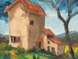 une peinture à l'huile représentant une maison sur une colline, avec un arbre au premier plan