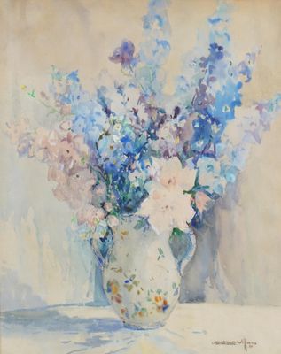 a painting of flowers in a vase on a table