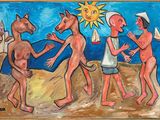 painting of three men and a dog on a beach with a sun in the background