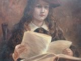 tableau représentant une jeune fille assise à une table en train de lire un livre