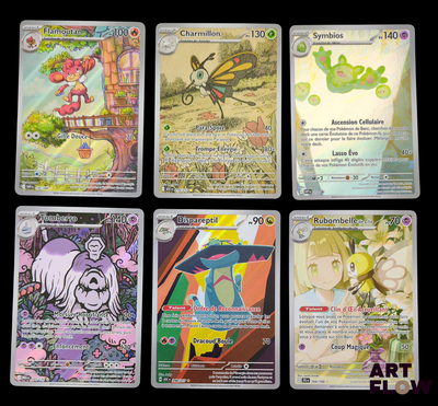 Quatre cartes Pokémon différentes sont représentées sur un fond noir.