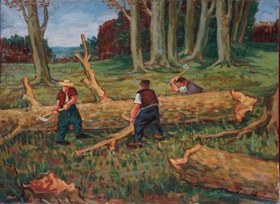 tableau représentant un groupe de personnes travaillant dans un champ, avec un arbre tombé