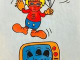 tableau représentant un personnage de dessin animé sautant par-dessus un téléviseur avec des ballons