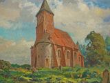 painting of a church with a steeple and a graveyard in the foreground
