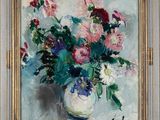 an oil painting of a vase with flowers in it on a table
