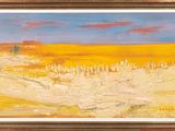 un tableau représentant un champ jaune avec un ciel bleu en arrière-plan