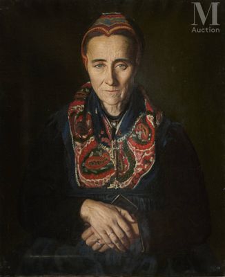 portrait of an old woman in a black dress with a red hat
