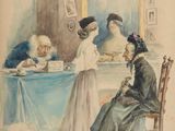 tableau représentant une femme assise à une table avec deux hommes et une femme