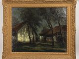 an oil painting on canvas of a farm scene with a man walking in the foreground