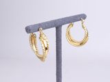 a close up of a pair of gold hoop earrings on a stand