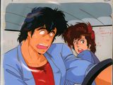 cartoon of a man and a woman in a car with a steering wheel