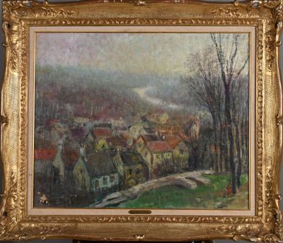 an image of a painting of a village with a bridge in the foreground