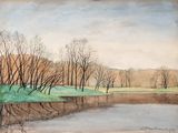 une image représentant une aquarelle représentant un étang et des arbres