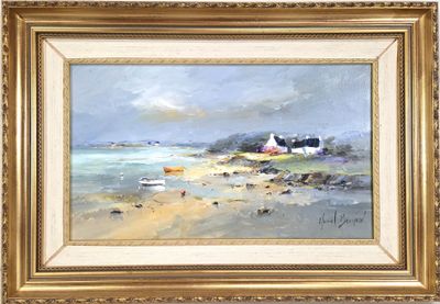 an oil painting of a beach scene with a house in the distance