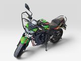 the motorcycle is green and black with a black handlebar