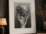 a picture of a picture of a person holding a glass ball