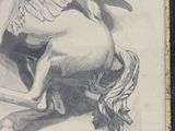 drawing of a winged horse with a man riding on it ' s back