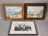 two framed paintings of a castle and a boat on the water