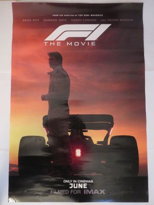 une affiche représentant un homme debout devant une voiture de course