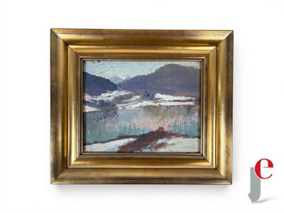 une peinture à l'huile représentant un paysage enneigé avec des montagnes en arrière-plan